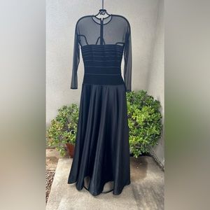 Vintage black maxi evening dress sheer top ribbed bodice satin skirt Sz XS
